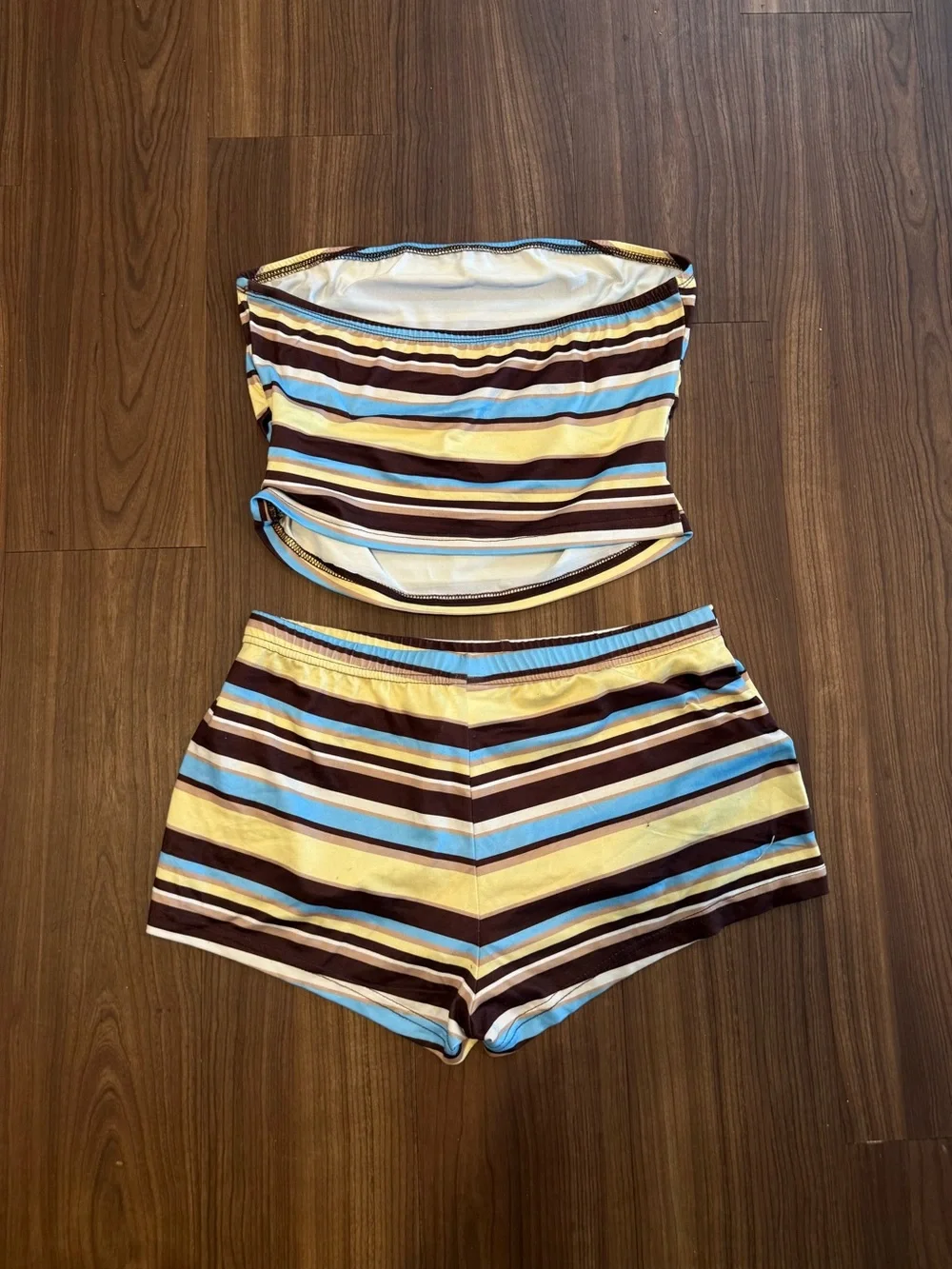 Striped Tube Top & Shorts Set - Yellow Blue Brown